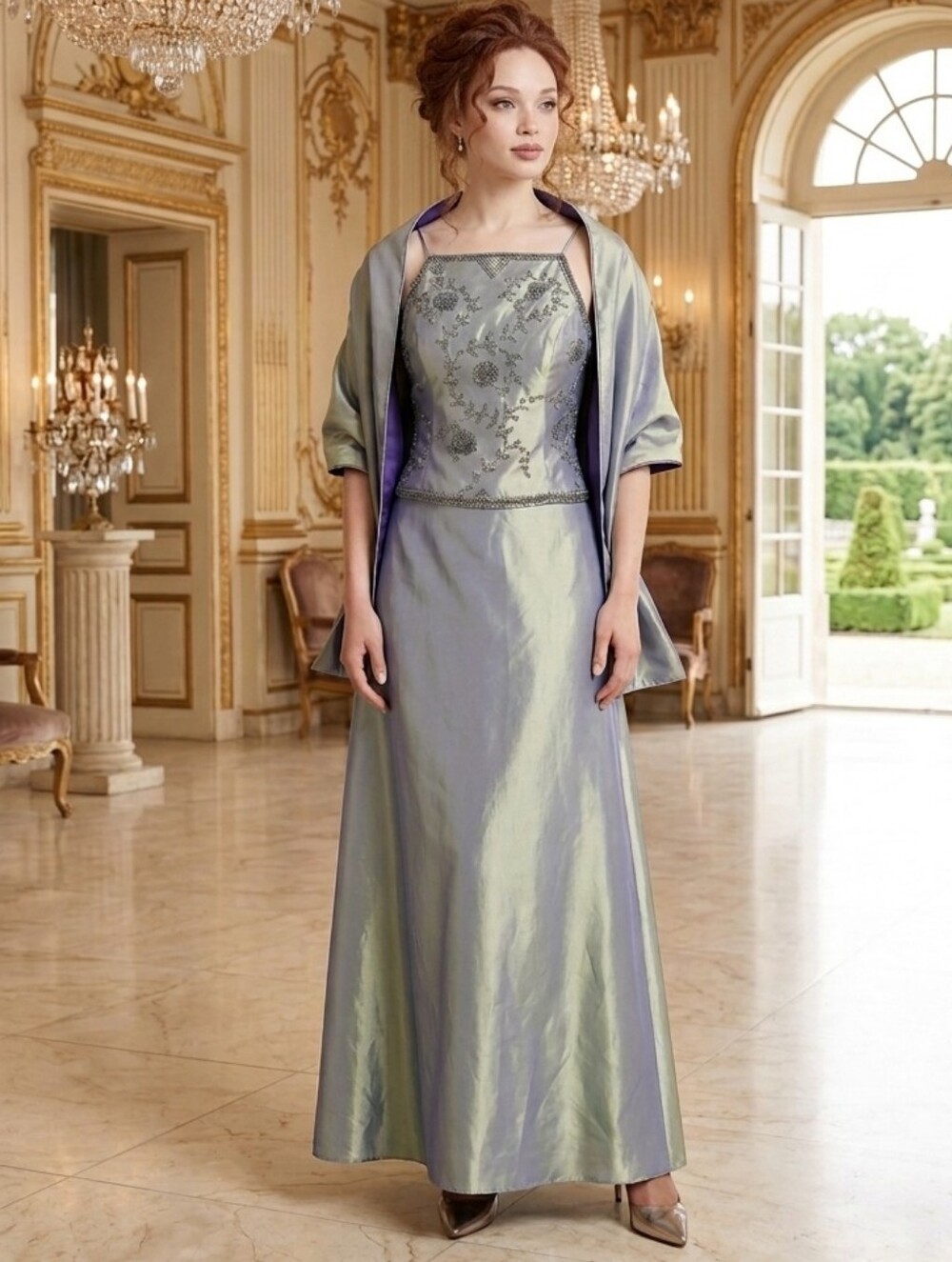 3 Piece💜💚 BEAUTIFUL Beaded Green/Royal Purple Gown with Floral Beading Size M